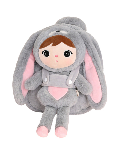 Gray/Pink Bunny backpack with a removable Metoo plush toy