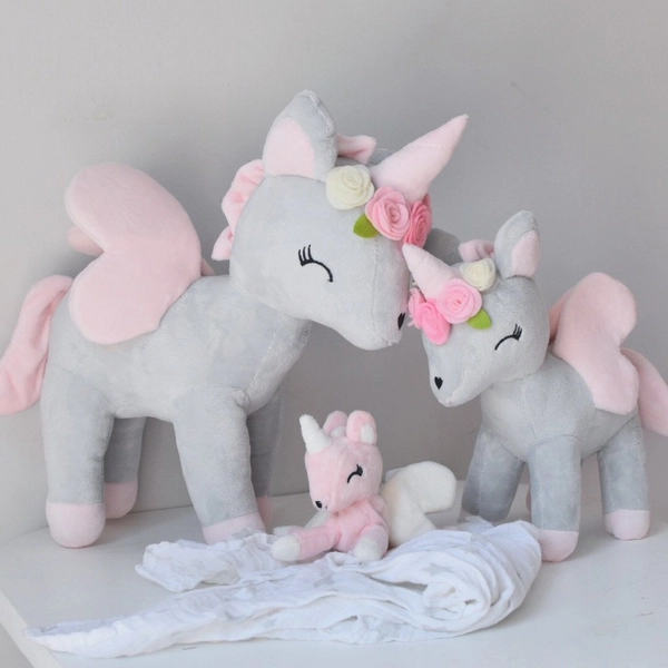 Plush Grey-Pink Unicorn with flower wreath L size
