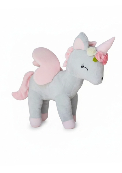 Plush Grey-Pink Unicorn with flower wreath L size