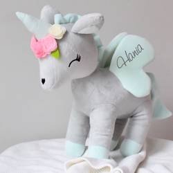 Plush Grey/mint Unicorn with flower wreath L size