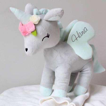 Plush Grey/mint Unicorn with flower wreath L size