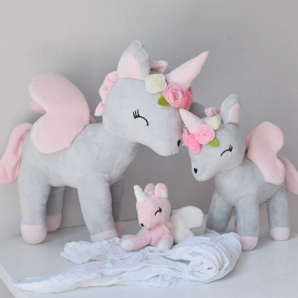 Plush Grey-Pink Unicorn with flower wreath L size