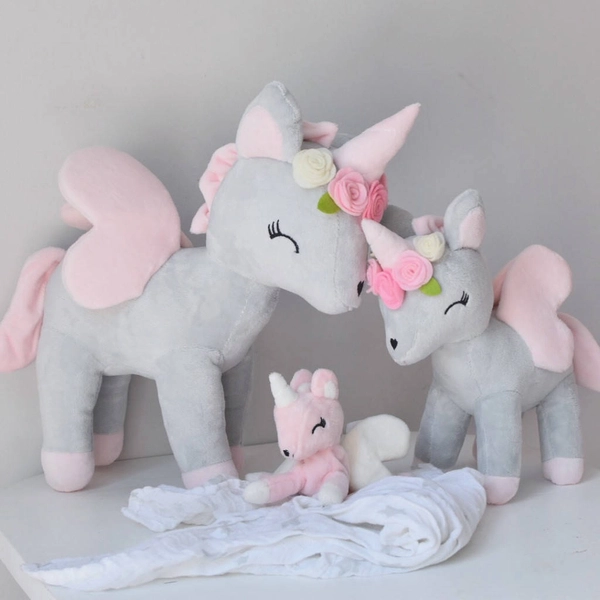 Plush Grey-Pink Unicorn with flower wreath M size