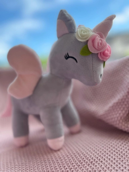 Plush Grey-Pink Unicorn with flower wreath M size