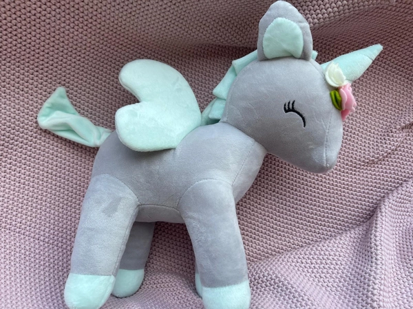 Plush Grey/mint Unicorn with flower wreath L size