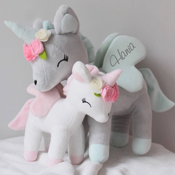 Plush Grey/mint Unicorn with flower wreath L size