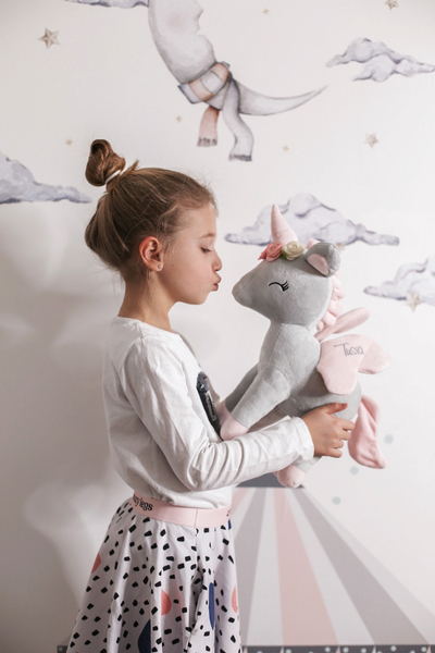 Plush Grey-Pink Unicorn with flower wreath L size