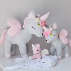 Plush Grey-Pink Unicorn with flower wreath M size