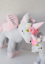 Plush Grey-Pink Unicorn with flower wreath M size
