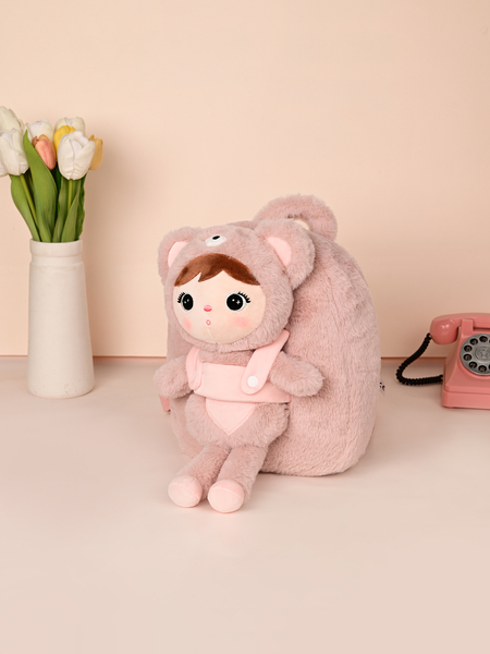 Metoo Pink Bear backpack with a removable doll
