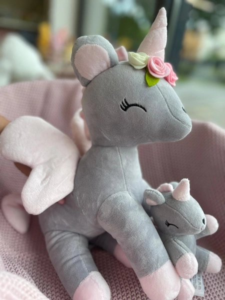 Plush Grey-Pink Unicorn with flower wreath L size