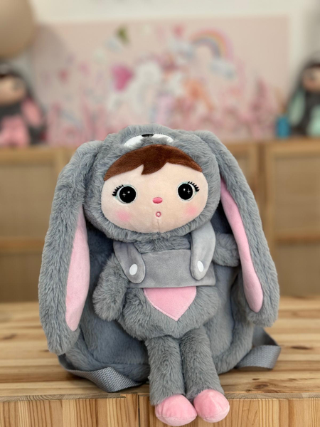 Gray/Pink Bunny backpack with a removable Metoo plush toy
