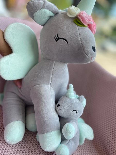 Plush Grey/mint Unicorn with flower wreath L size