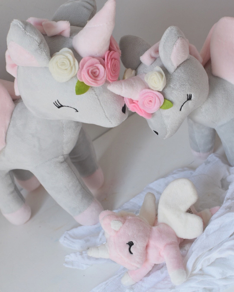 Plush Grey-Pink Unicorn with flower wreath L size