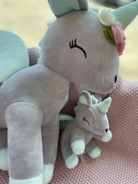 Plush Grey/mint Unicorn with flower wreath L size