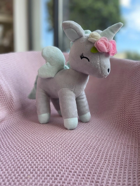 Plush Grey/mint Unicorn with flower wreath M size