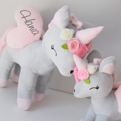 Plush Grey-Pink Unicorn with flower wreath M size