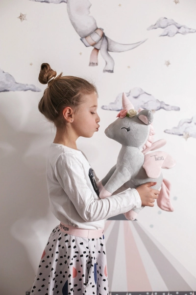 Plush Grey-Pink Unicorn with flower wreath L size
