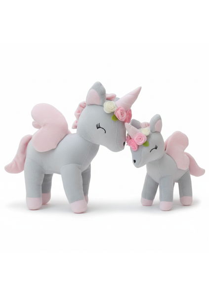 Plush Grey-Pink Unicorn with flower wreath M size