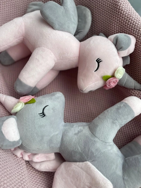 Plush Grey-Pink Unicorn with flower wreath L size