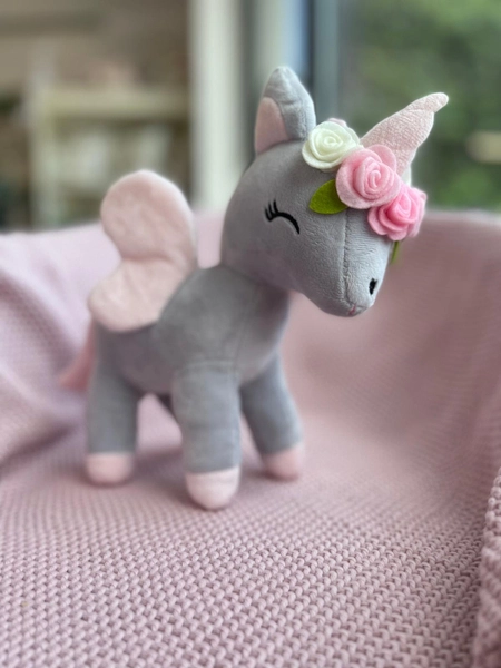 Plush Grey-Pink Unicorn with flower wreath M size