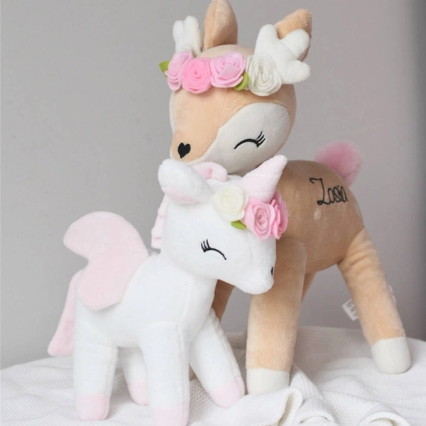 Plush White Unicorn with flower wreath M size