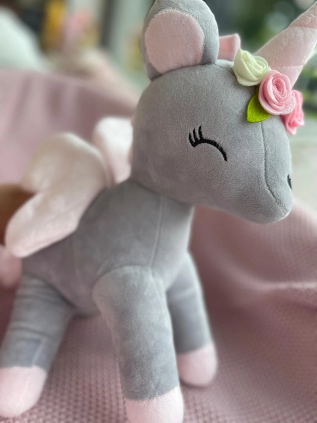 Plush Grey-Pink Unicorn with flower wreath L size