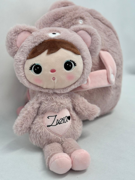 Metoo Pink Bear backpack with a removable doll