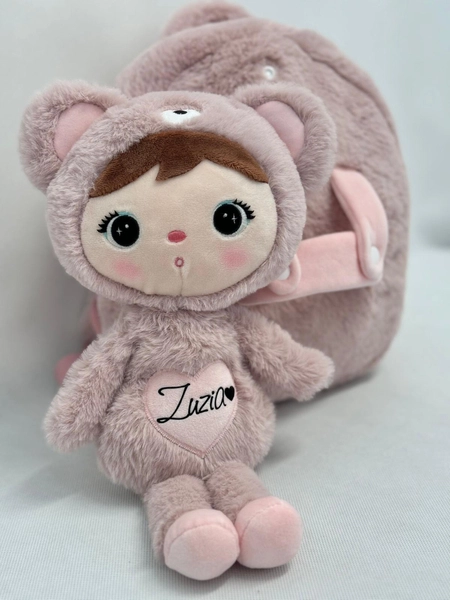 Metoo Pink Bear backpack with a removable doll