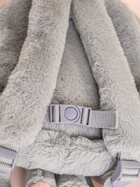 Gray/Pink Bunny backpack with a removable Metoo plush toy