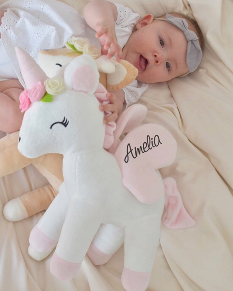Plush White Unicorn with flower wreath L size