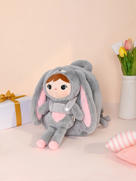 Gray/Pink Bunny backpack with a removable Metoo plush toy