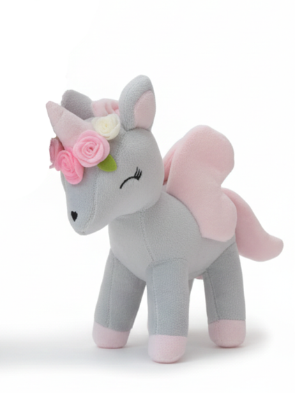 Plush Grey-Pink Unicorn with flower wreath M size
