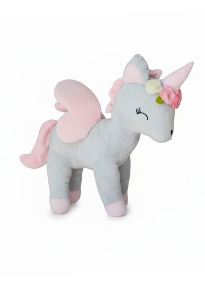 Plush Grey-Pink Unicorn with flower wreath L size