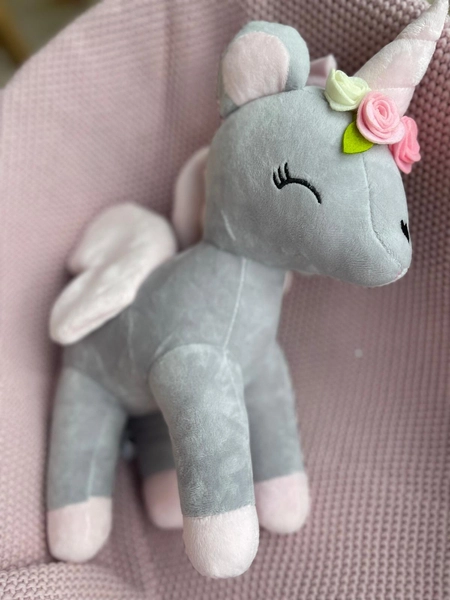 Plush Grey-Pink Unicorn with flower wreath L size