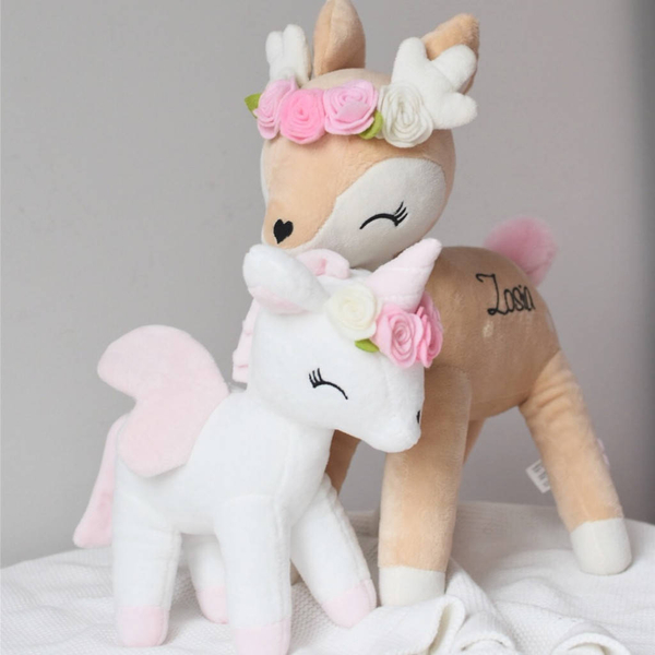 Plush White Unicorn with flower wreath M size