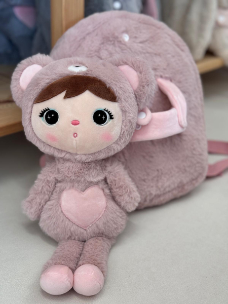 Metoo Pink Bear backpack with a removable doll