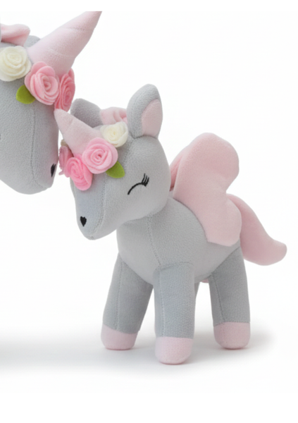 Plush Grey-Pink Unicorn with flower wreath M size
