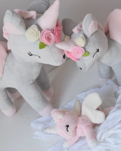 Plush Grey-Pink Unicorn with flower wreath L size