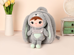 Gray/Mint Bunny backpack with a removable Metoo plush toy